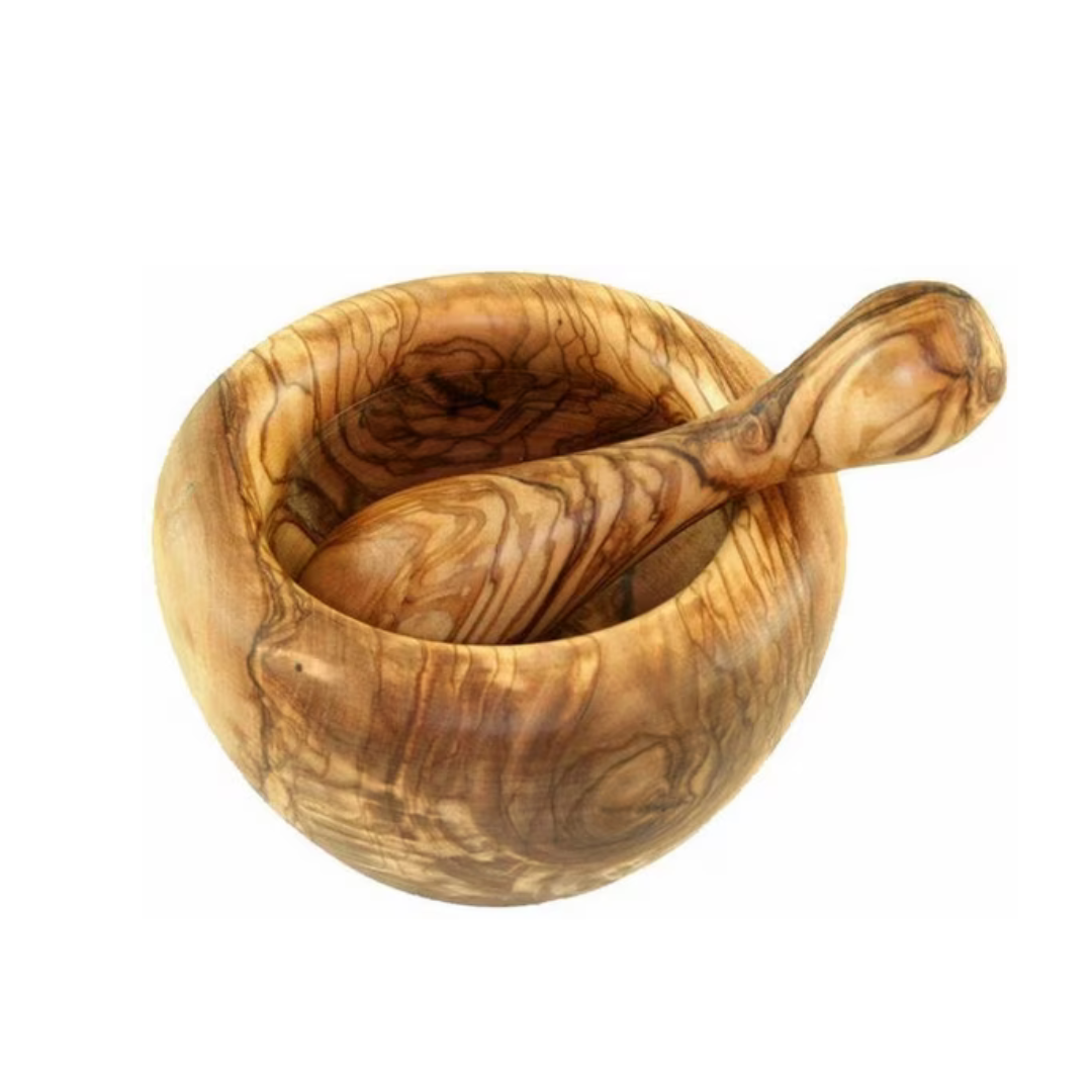 Mörser mit rundem Rand aus Olivenholz 14 cm