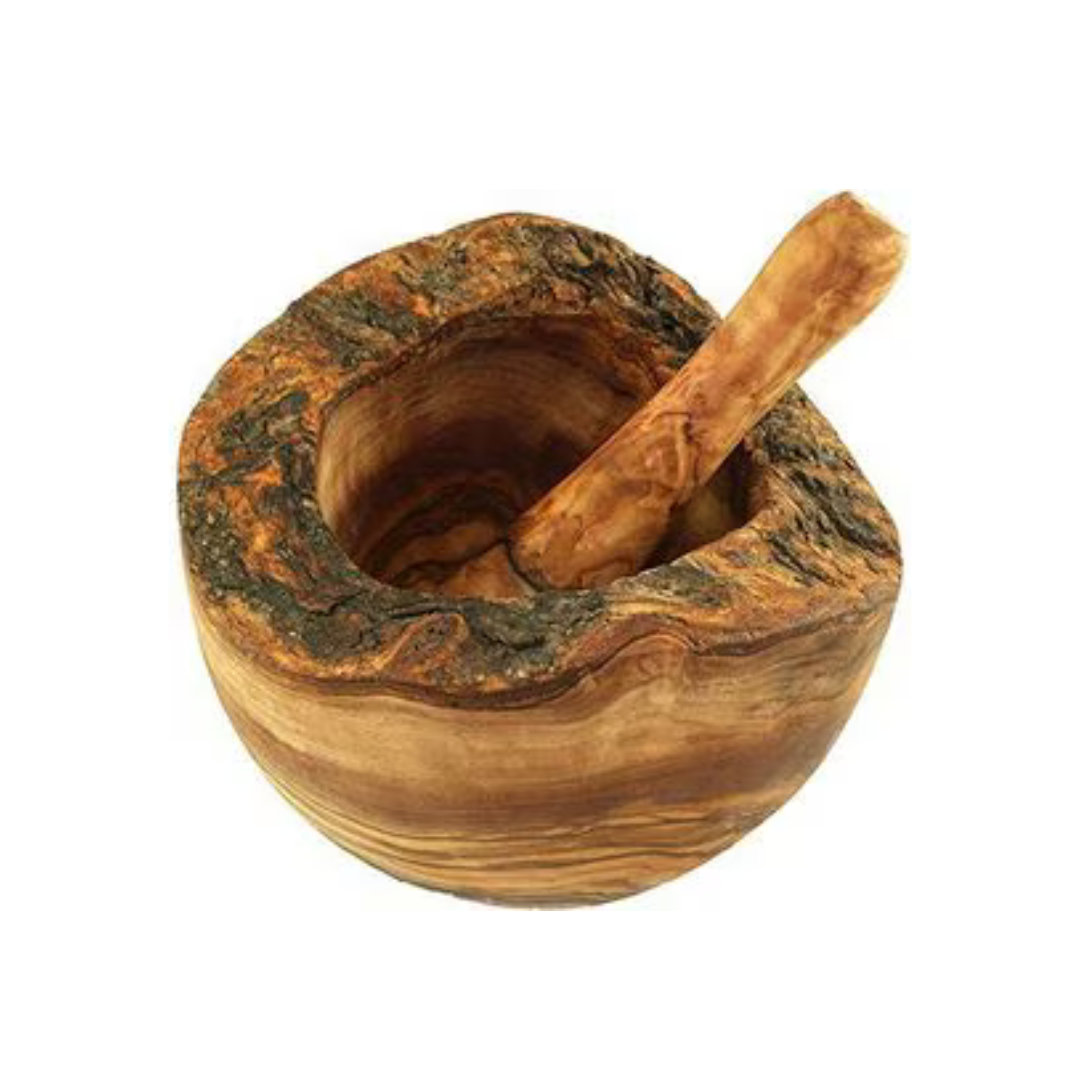 Mörser mit rustikalem Rand aus Olivenholz 12 cm