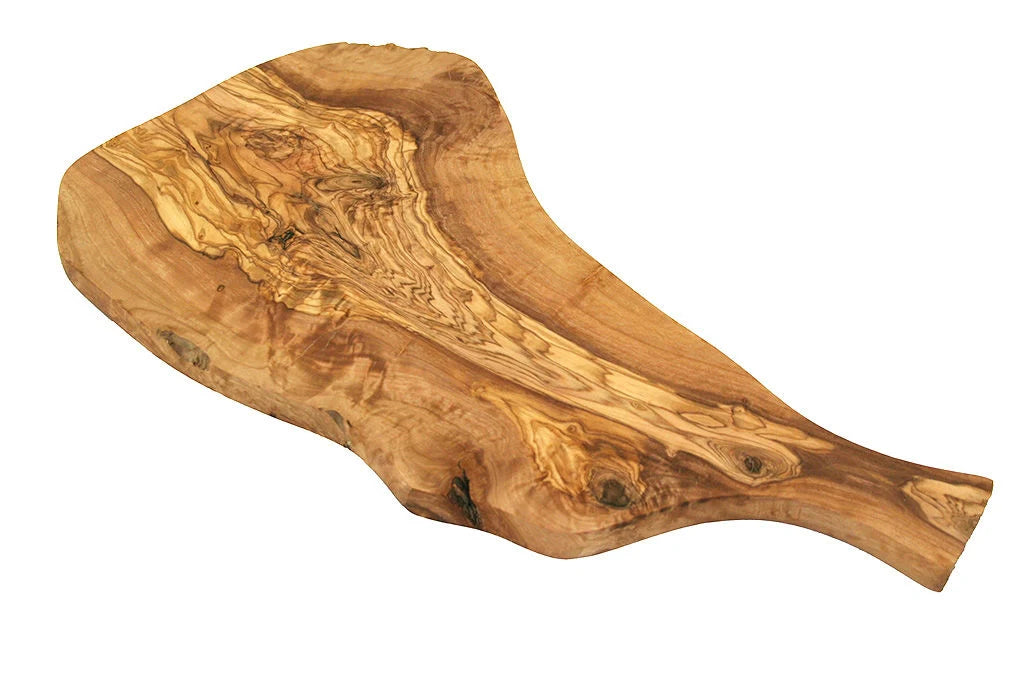 Großes Servierbrett mit Griff und rustikalem Rand aus Olivenholz, 40-44 cm