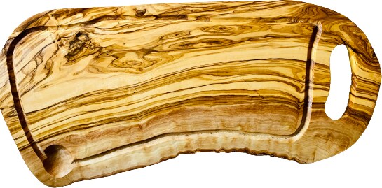 Großes Steakbrett aus Olivenholz mit Saftrille und Grifflasche, 40-44 cm