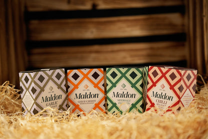 Die Salzgrotte – Geschenkkiste mit 4 Maldon Salzen: Sea Salt, Chili, Garlic & Smoked