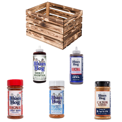 Die Bluesbrüder Mix Kiste – Blues Hog Geschenkbox mit 3 Rubs & 2 BBQ-Saucen