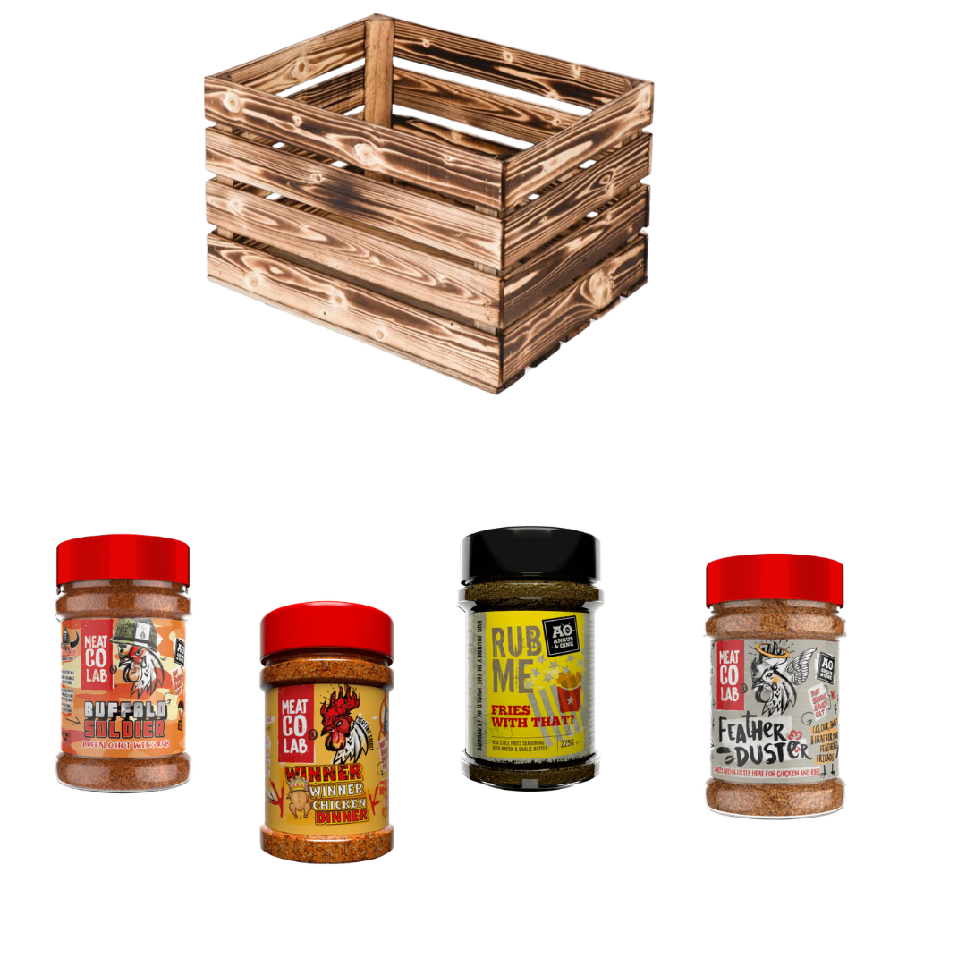 Hahn im Korb Geschenkkiste mit 4 Angus & Oink Rubs