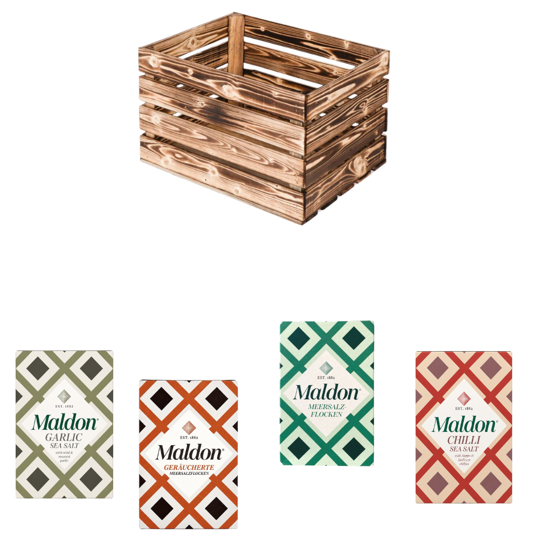 Die Salzgrotte – Geschenkkiste mit 4 Maldon Salzen: Sea Salt, Chili, Garlic & Smoked