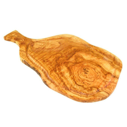 Servierbrett mit Griff und rustikalem Rand  aus Olivenholz 35-39 cm