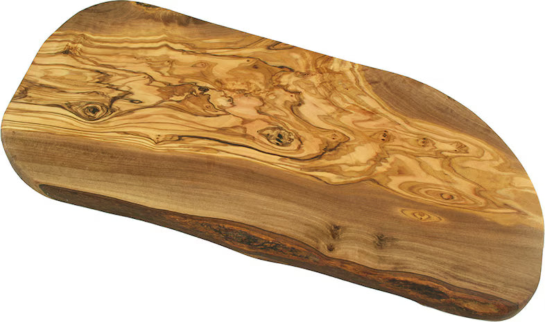 Schneidebrett aus Olivenholz in rustikaler Form, 30-34 cm