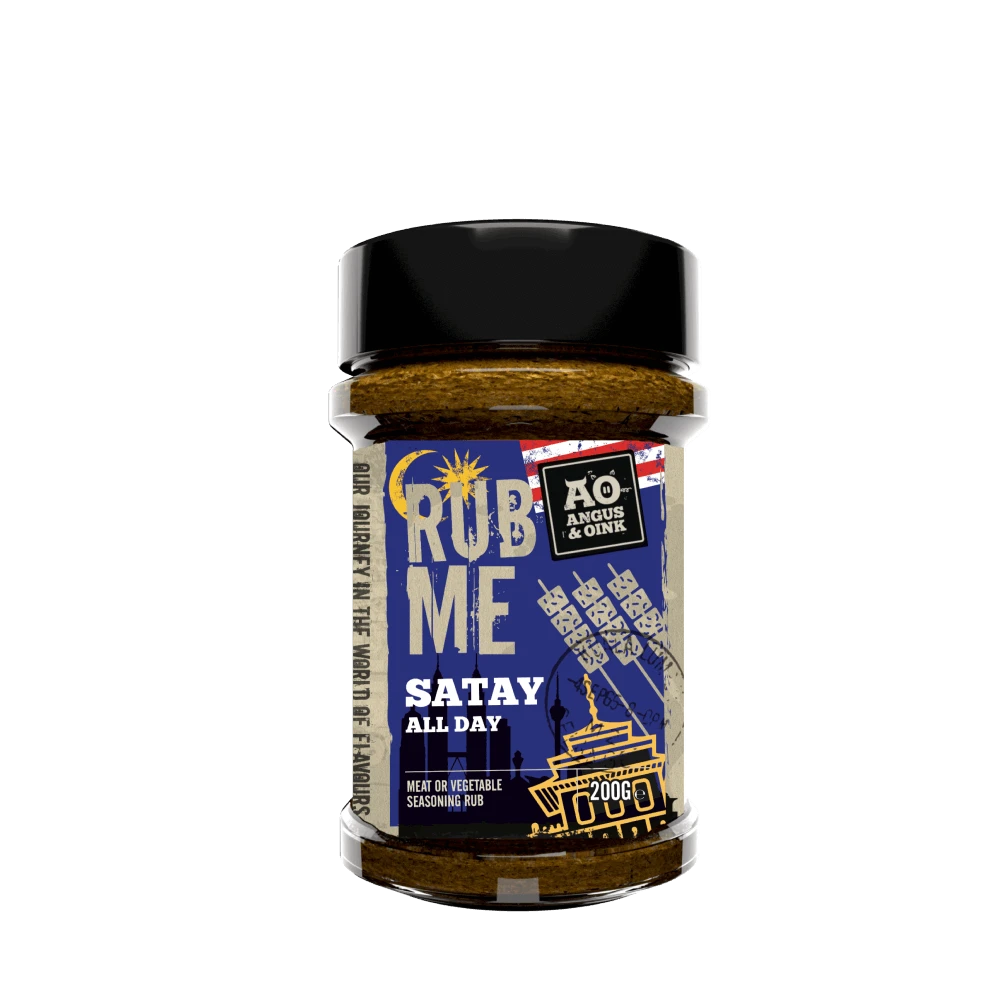 Hartekiste Angus & Oink Satay peanut-free seasoning rub in a 200g jar with blue and yellow label design.