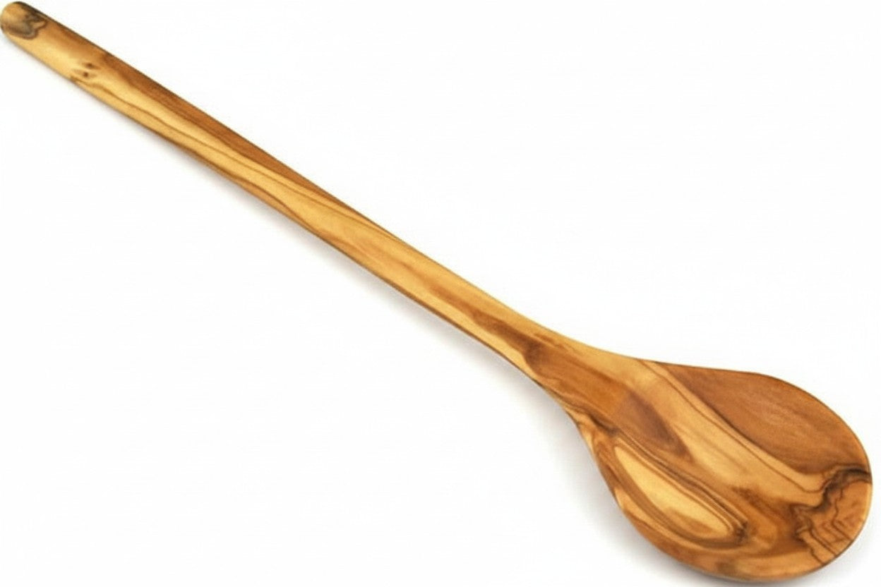 Hartekiste 30 cm round cooking spoon made of durable, uniquely grained olive wood for gentle stirring in pans.