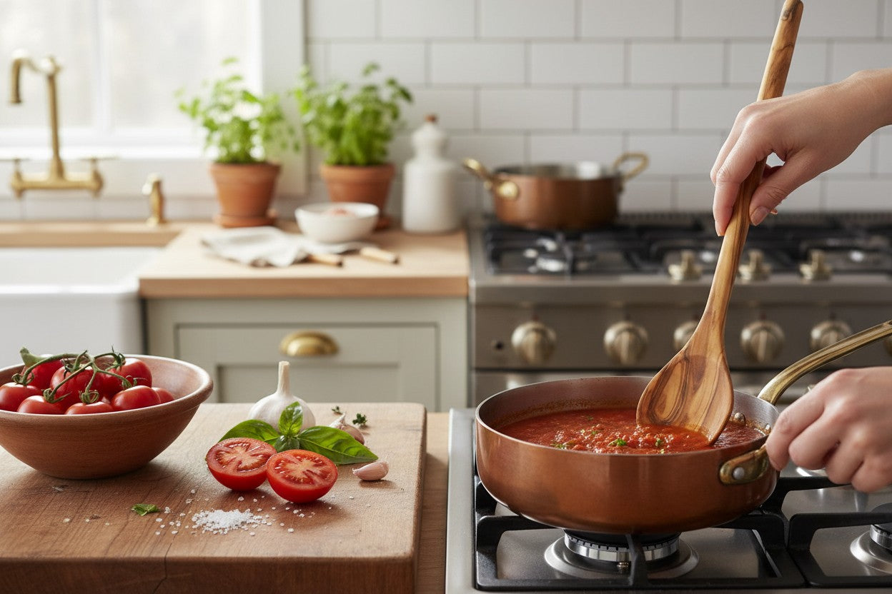 Hartekiste 30 cm round olive wood cooking spoon stirring tomato sauce in a copper pan in a rustic kitchen