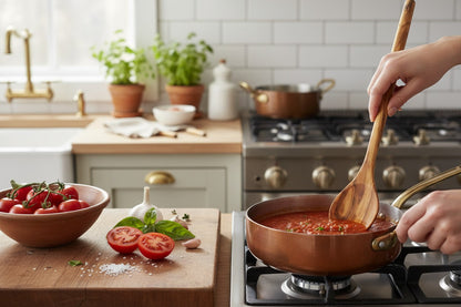 Hartekiste 30 cm round olive wood cooking spoon stirring tomato sauce in a copper pan in a rustic kitchen