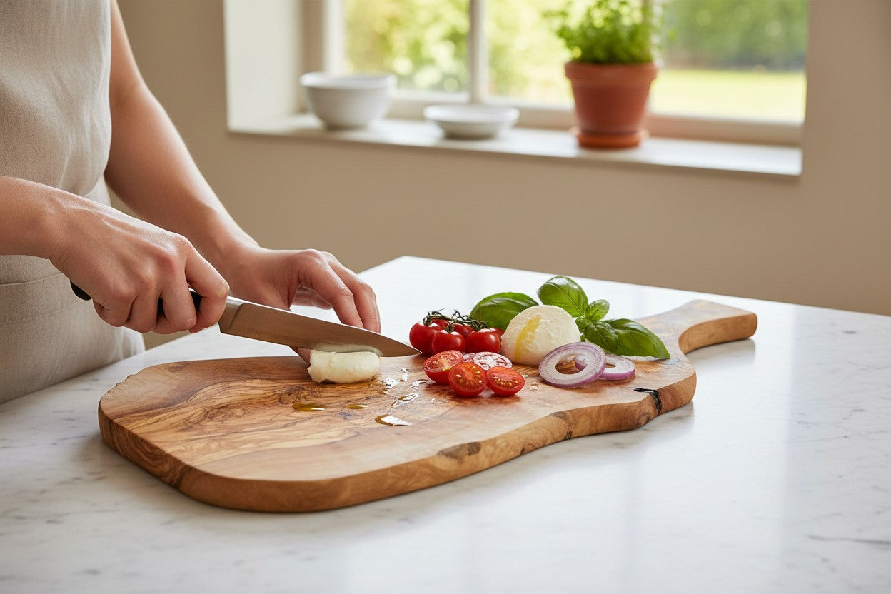 Hartekiste olive wood serving board with rustic edge and handle, being used to slice mozzarella and tomatoes.