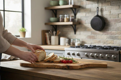 Hartekiste olive wood serving board with rustic edge and handle, holding sliced bread and tomatoes on a kitchen counter